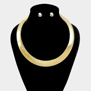 Stripe Embossed Gold Metal Necklace & Earrings